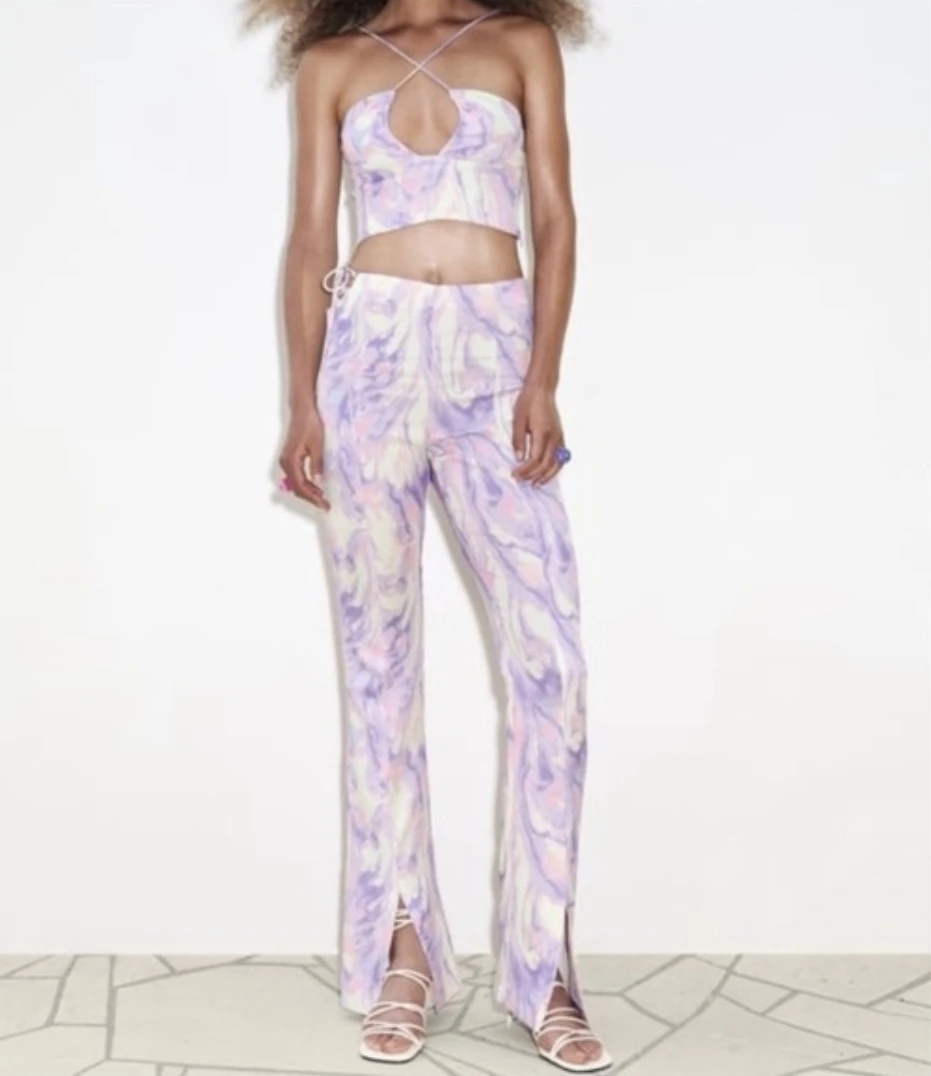 ZARA Purple Marble High Waist Flare Pants NWOT