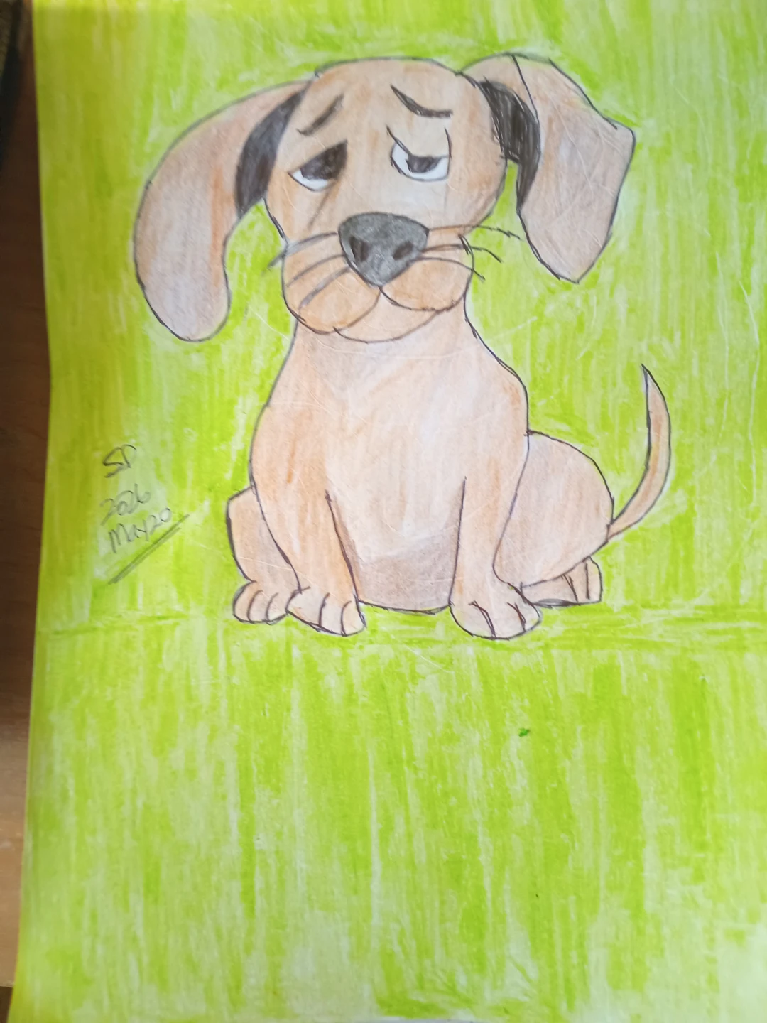 BROWN PUPPY WITH GREEN CRAYON BACKGROUND