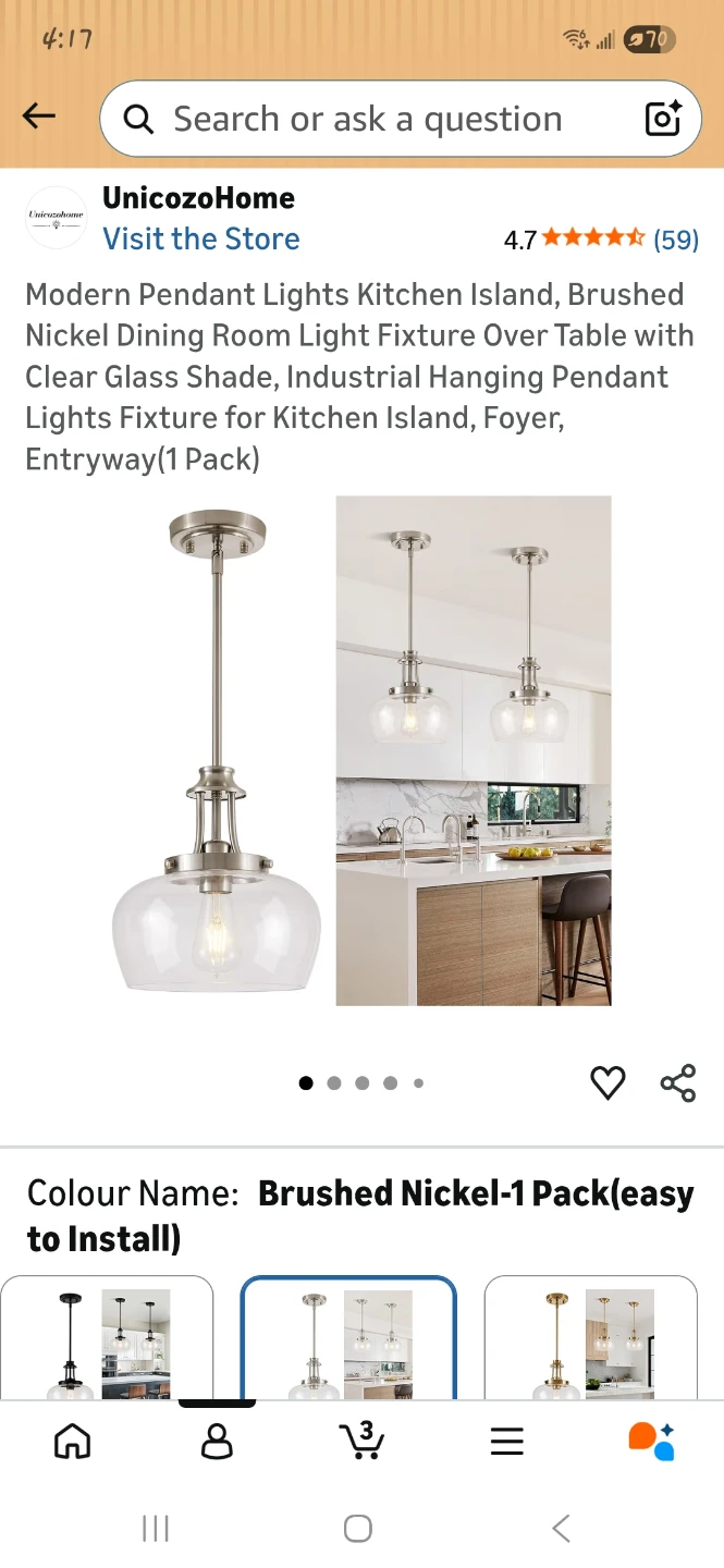 Modern Pendant Light - Brushed Nickel & Clear Glass (1 Pack)