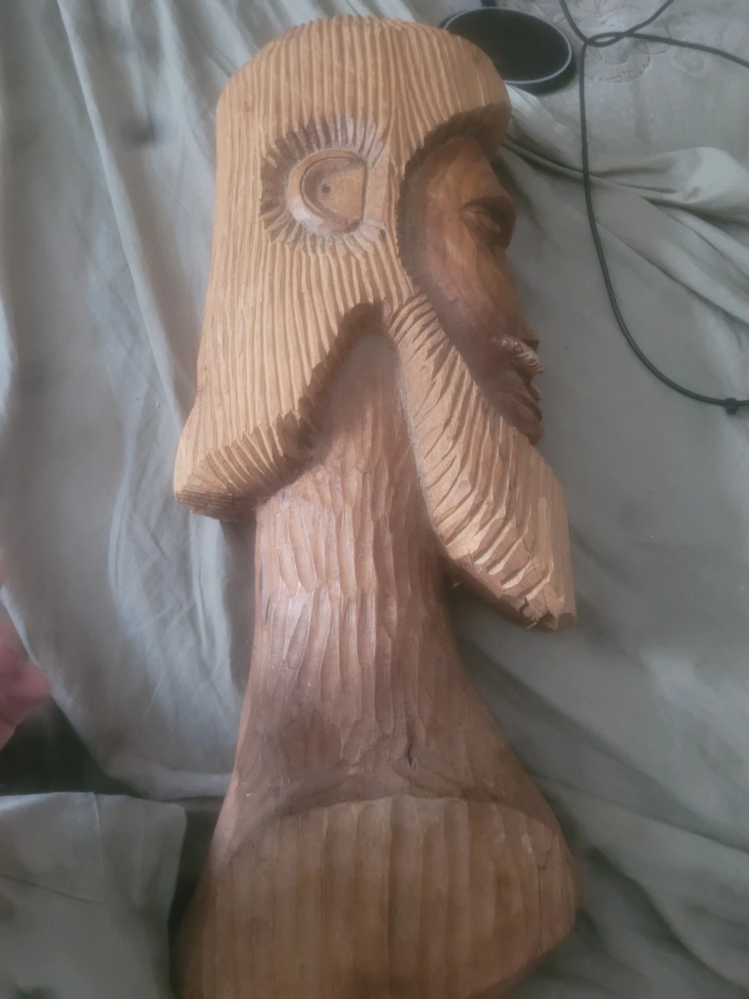 Hand Carved Wooden Sculpture of a Face - photo 3