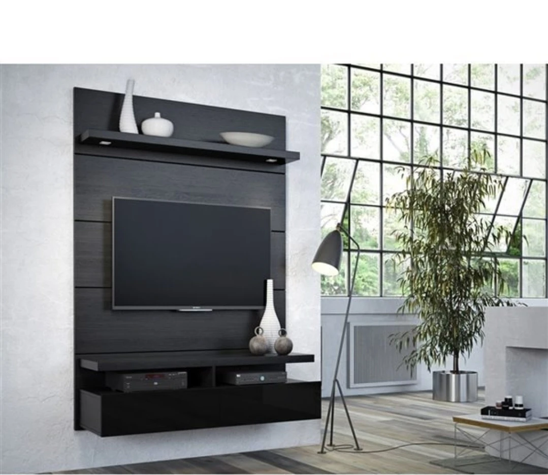 Black TV Wall Mount Unit with Shelves and Drawers