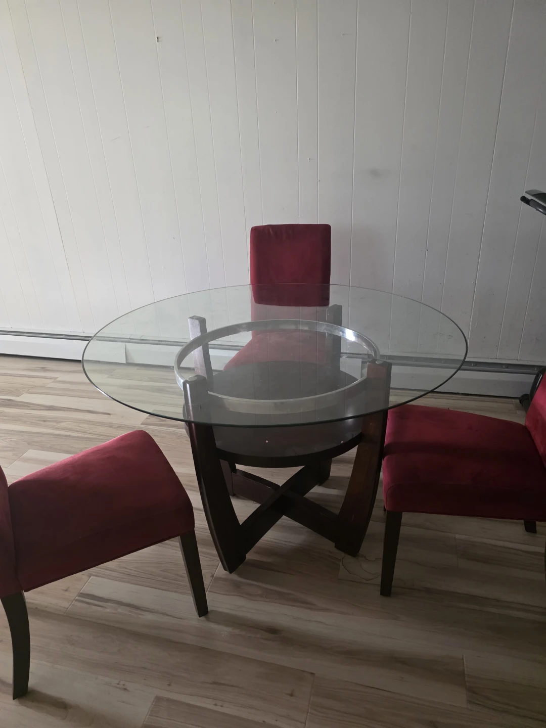 Round Glass Top Dining Table with 3 Red velvet Chairs