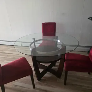 Round Glass Top Dining Table with 3 Red velvet Chairs