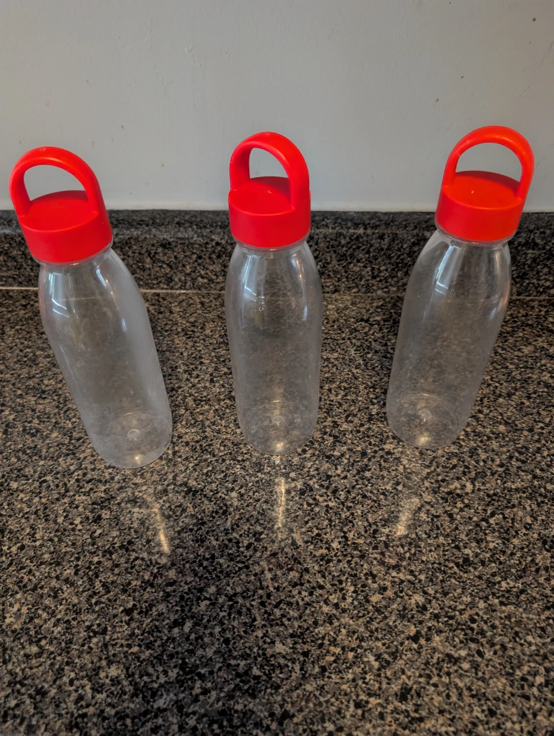 Set of 3 Clear Plastic Water Bottles with Red Lids - photo 2