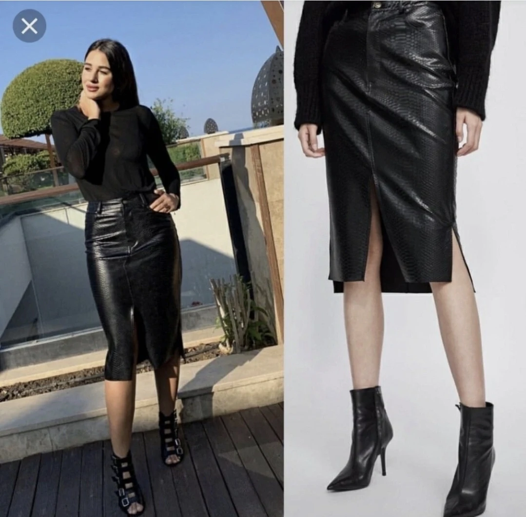 ZARA Black Faux Snake Skin Midi Pencil Skirt - Vegan Leather