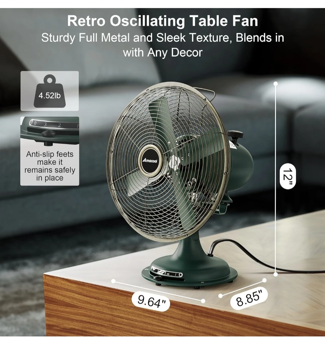 AMACOOL Retro Oscillating Table Fan 8"