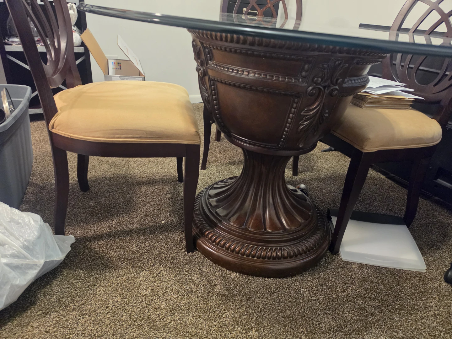 Glass Top Dining Table with Ornate Pedestal Base