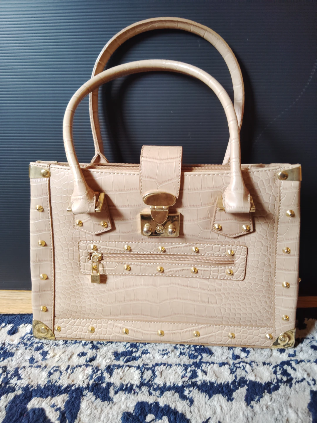 Tan Faux Croc Handbag with Gold Accents