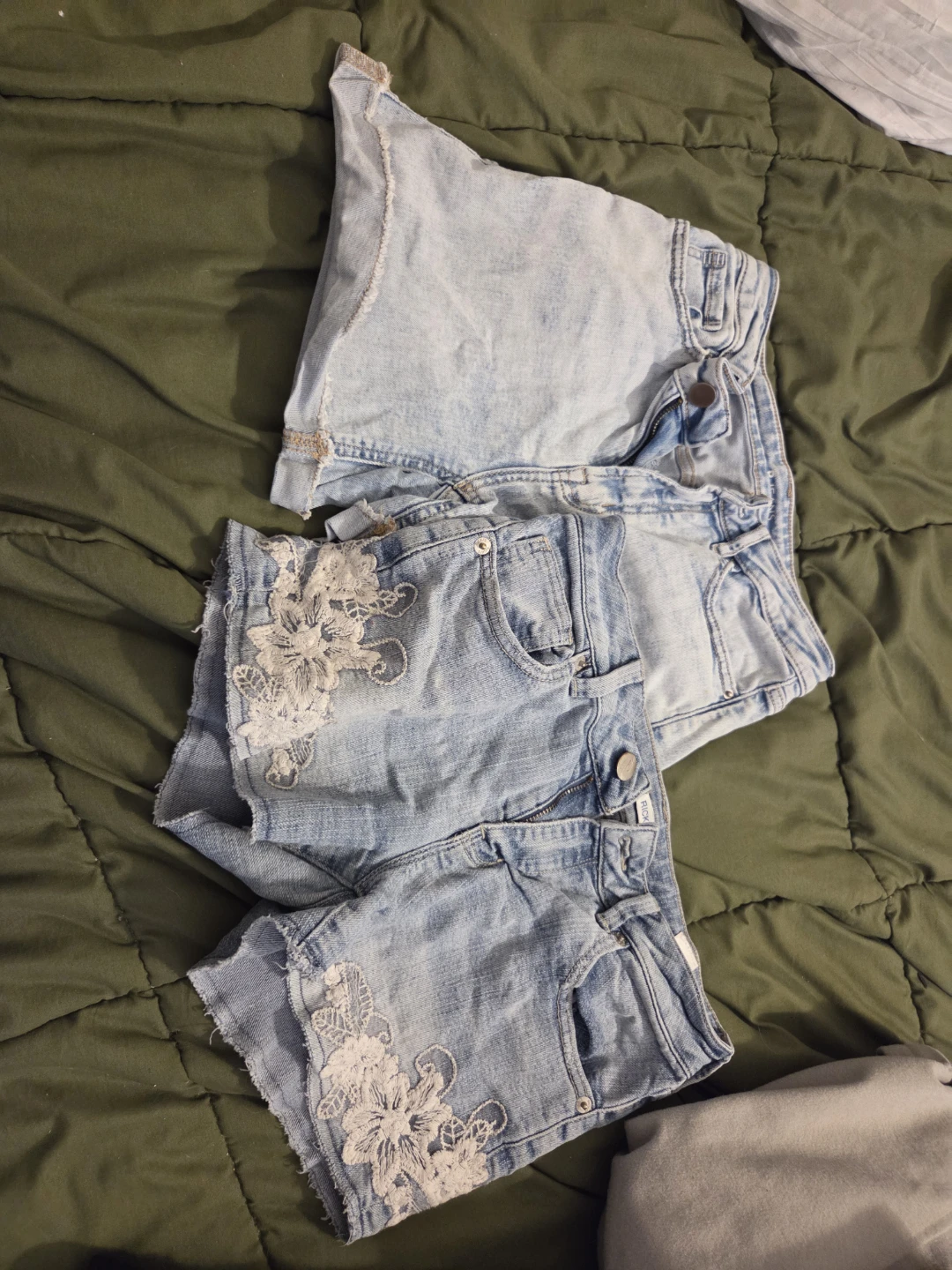 Light Wash Denim Shorts with White Lace Detail
