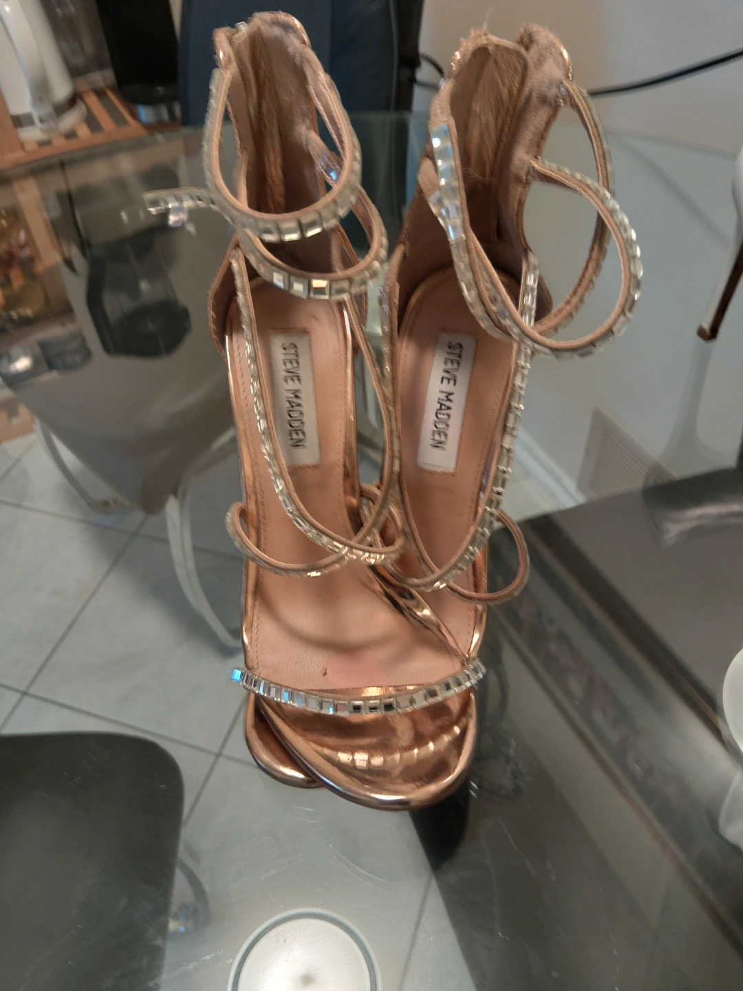 Steve Madden Rose Gold Strappy Heels with Rhinestones