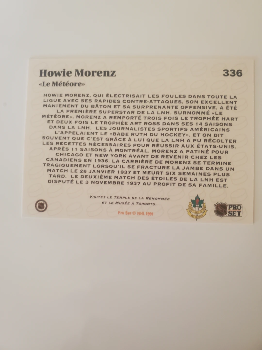 Pro Set NHL 1991 Howie Morenz Hockey Card 336 - photo 2
