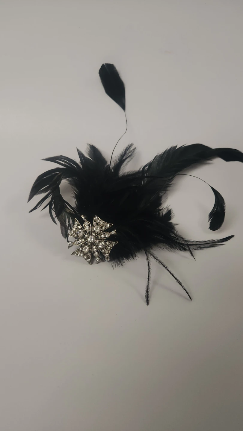 Hand made Black Feather Clip/facinator with Rhinestone Accent