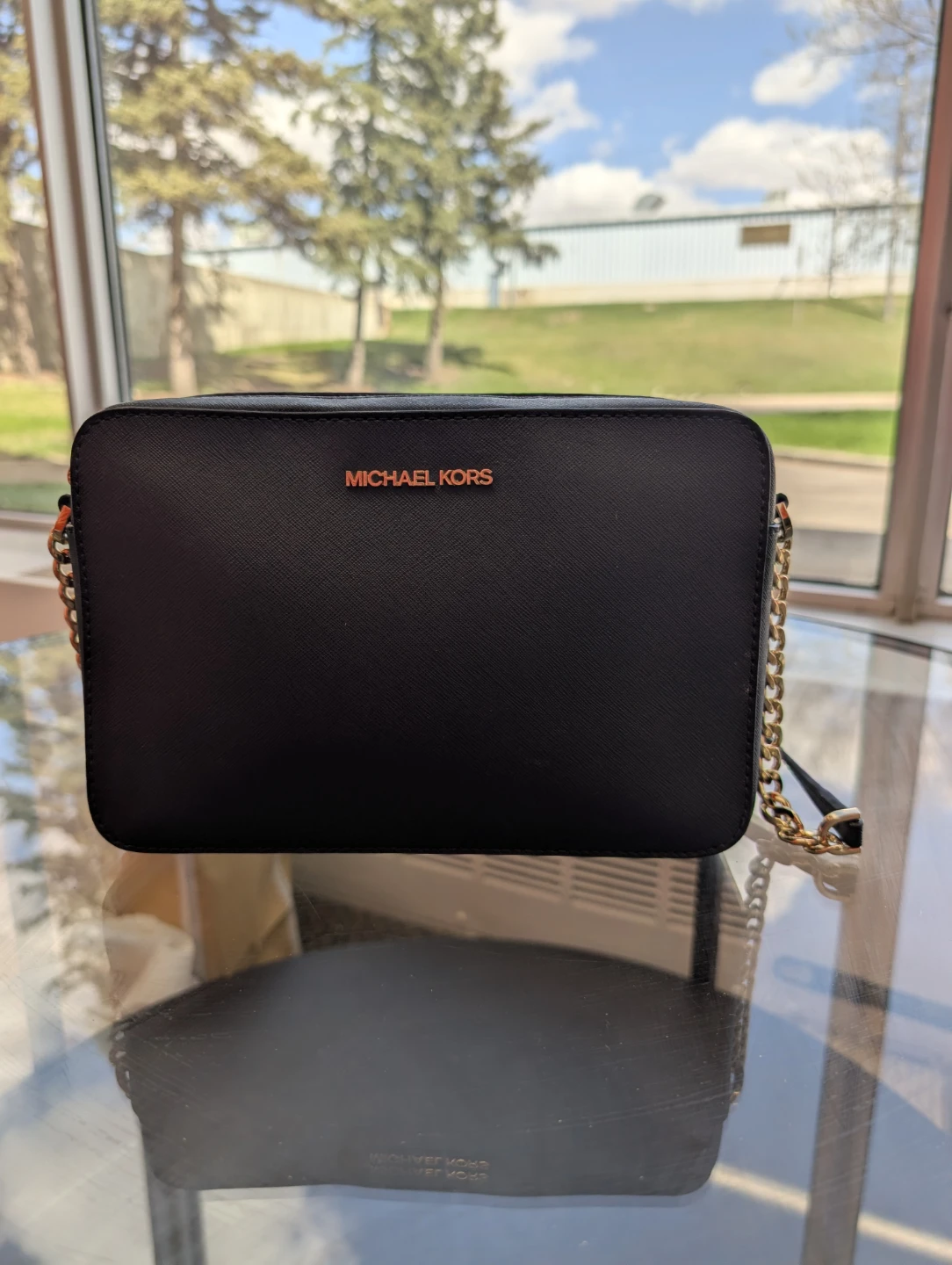 Michael Kors Black Leather Crossbody Bag with Gold Chain