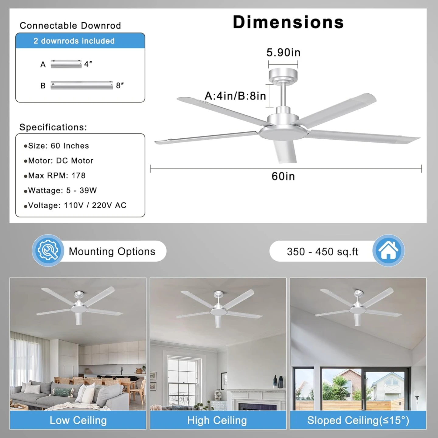 60" Industrial Ceiling Fan Silver - photo 3
