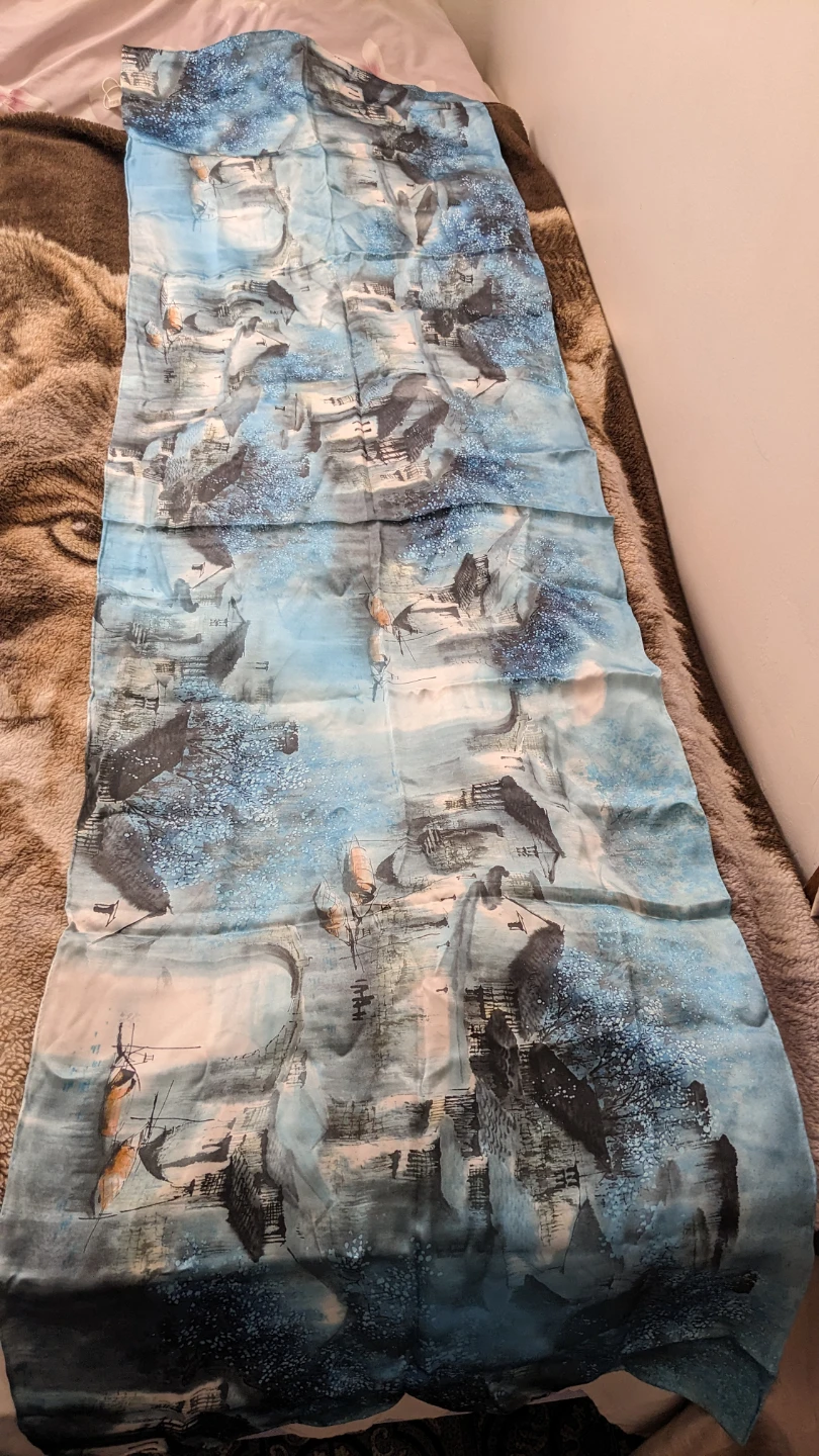 Han Jin Yuan 100% Silk Scarf - Blue Landscape Print - photo 3