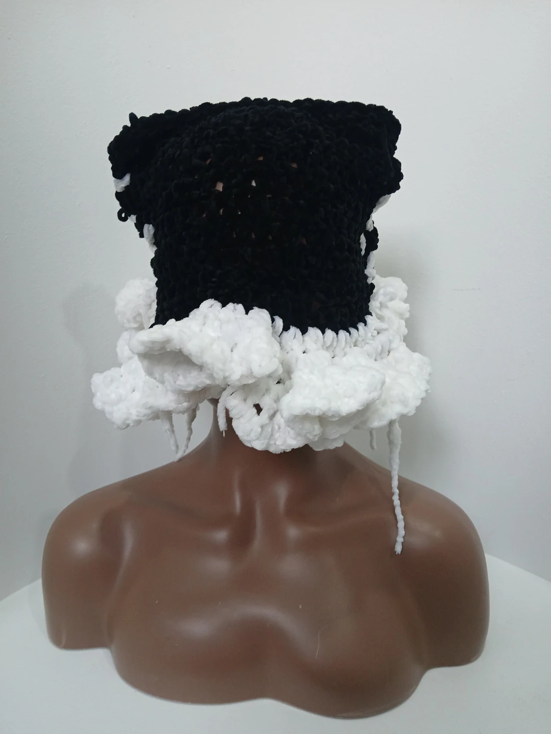 Black and White Cat-eared Crochet Bucket Hat