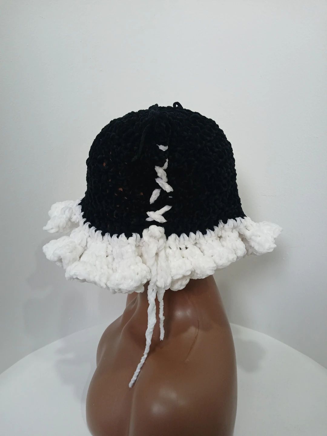 Black and White Cat-eared Crochet Bucket Hat - photo 2
