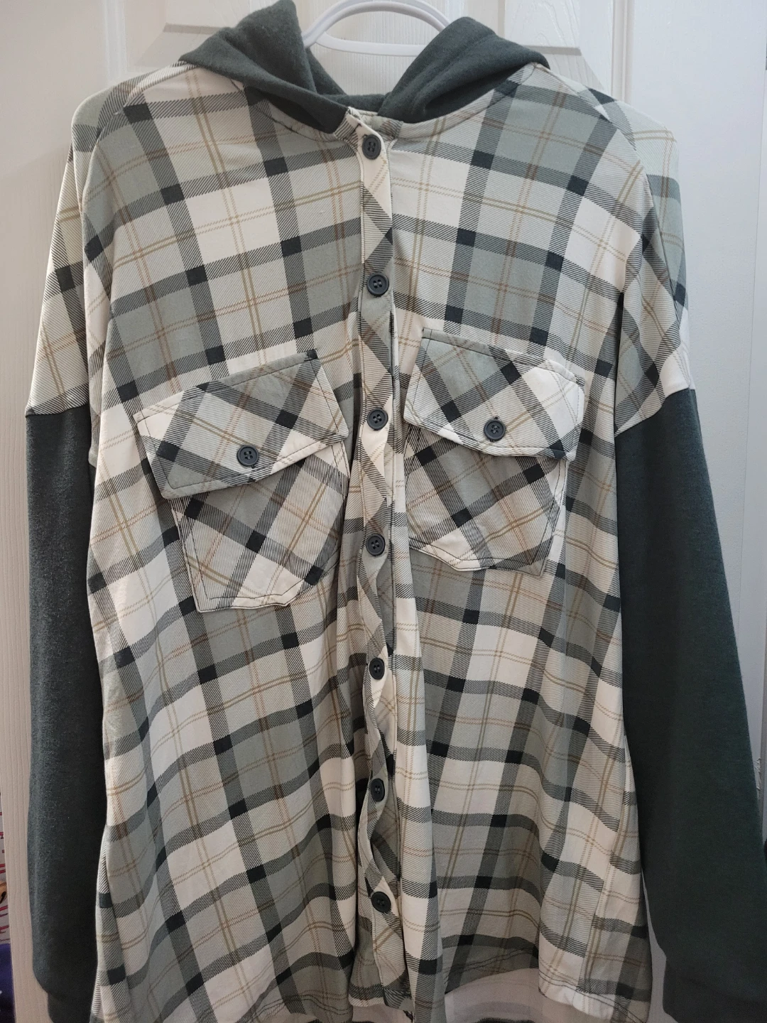 Hooded Button-Up Plaid green shirt
