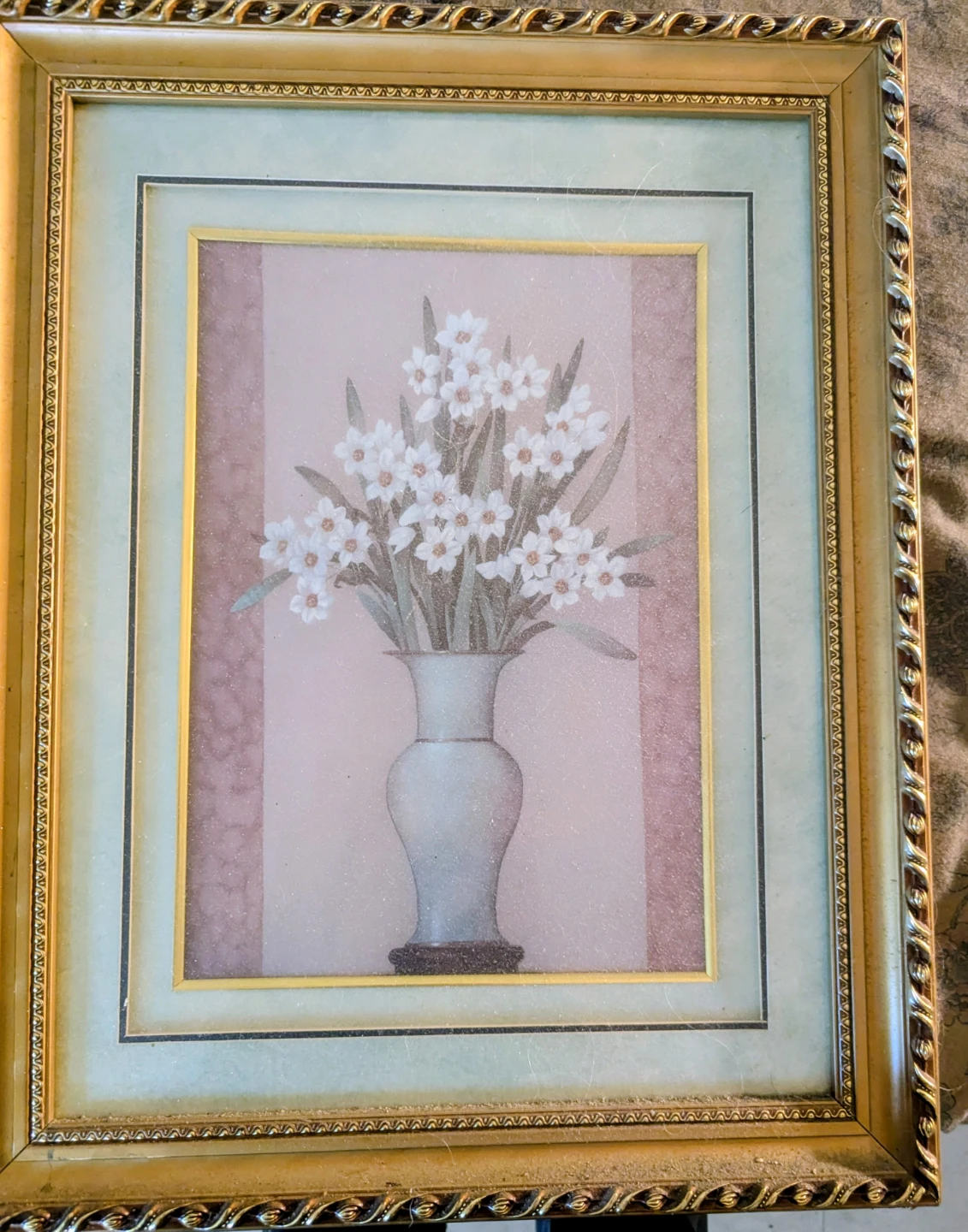 Framed Floral Print with White Flowers