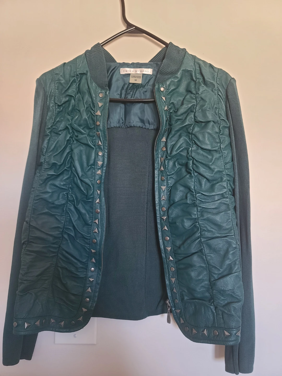 Peter Nygard Women's Green Ruched Faux Leather Bomber Jacket