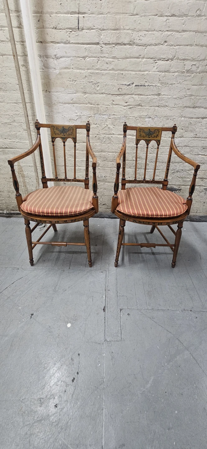 Vintage Arm Chairs Set of 2 - Decorative Wood and Upholstered