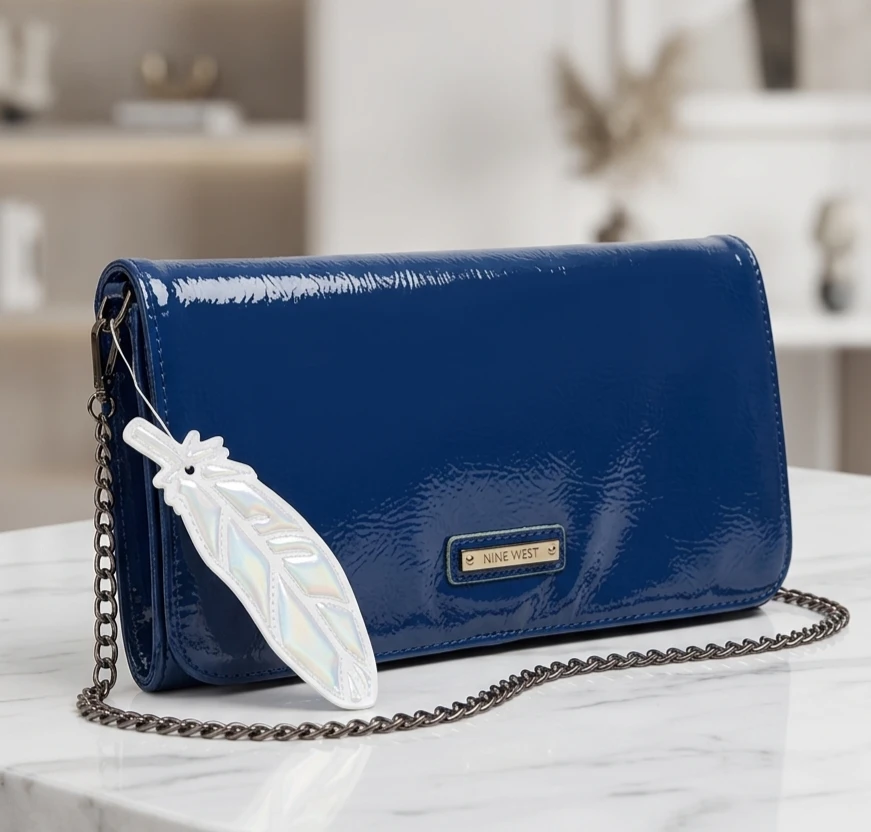 Nine West Blue Patent Clutch with Chain Strap