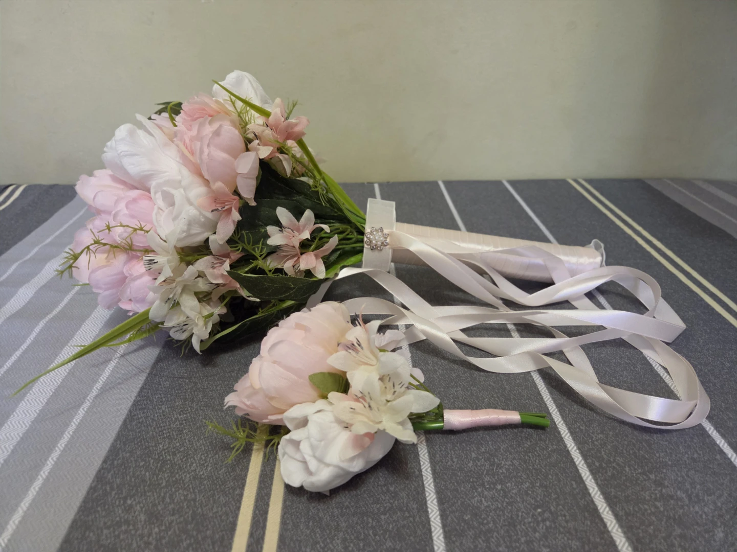 Artificial wedding bouquet and boutonnière set