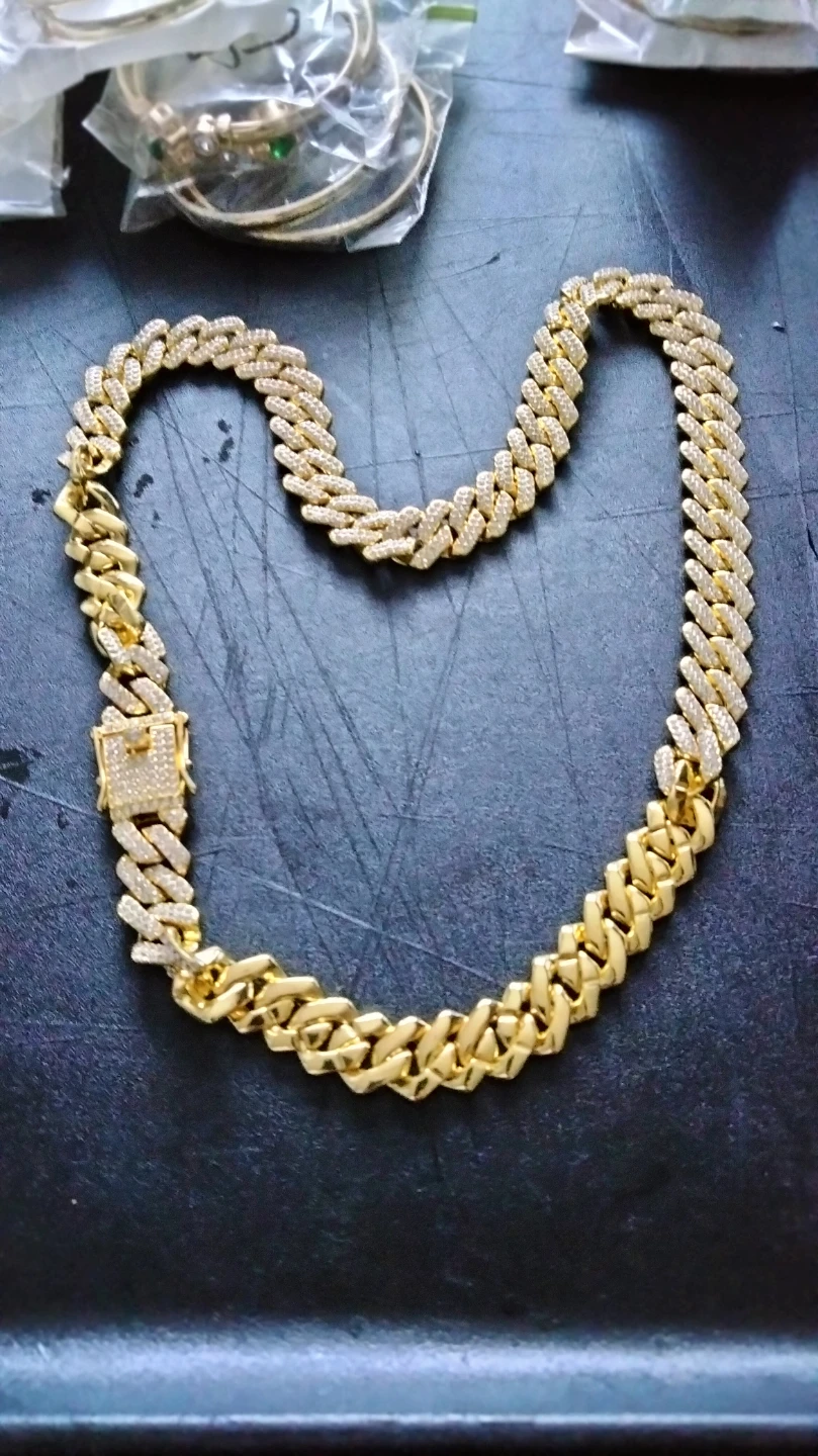 Gold Cuban Link Chain Necklace with Rhinestones