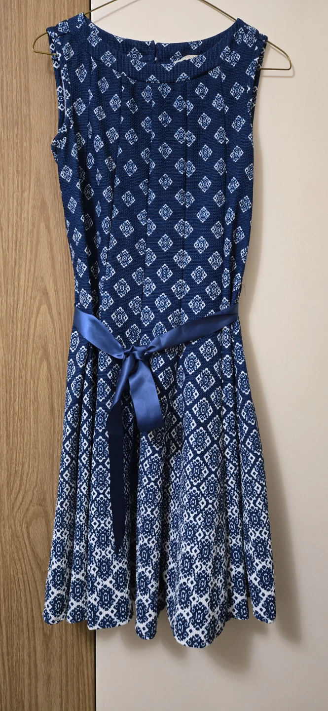 Haan Petite Blue & White Geometric Print Dress - Size PM