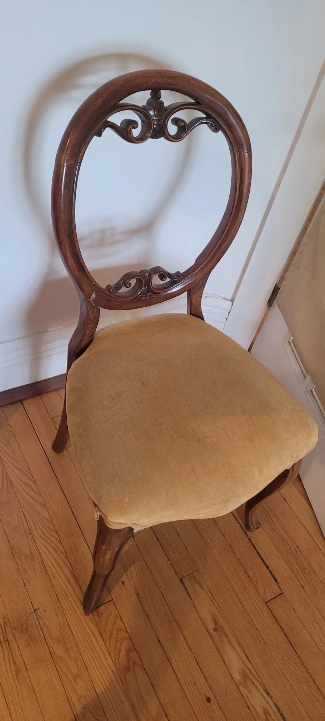 Antique Balloon Back Dining Chair - Wood with Yellow Upholstery