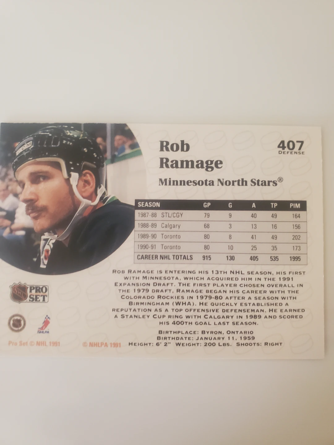Rob Ramage Minnesota North Stars Hockey Card 1991 Pro Set - photo 2