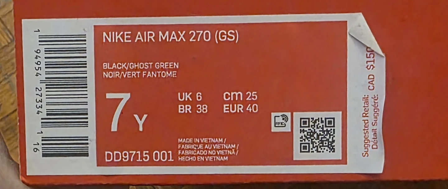 Nike Air Max 270 (GS) Black/Ghost Green Youth Size 7Y