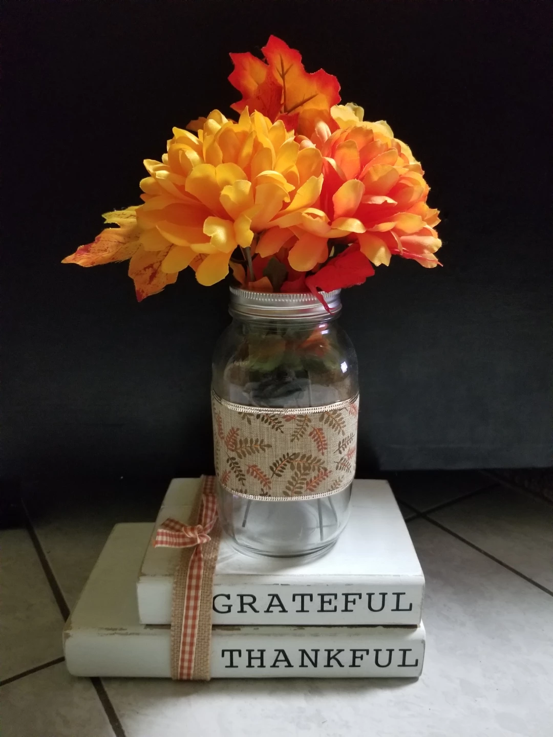 Fall Decorative Mason Jar with Faux Flowers and Books
