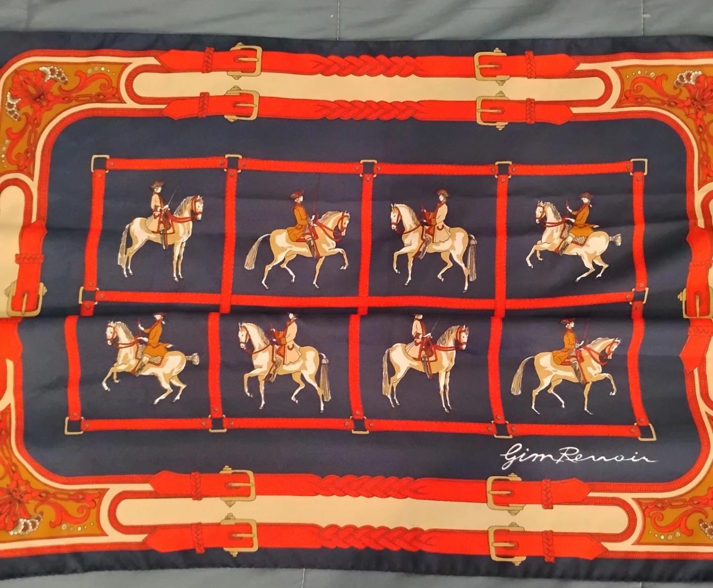 Gim Renoir Silk Scarf Equestrian Print Navy Red