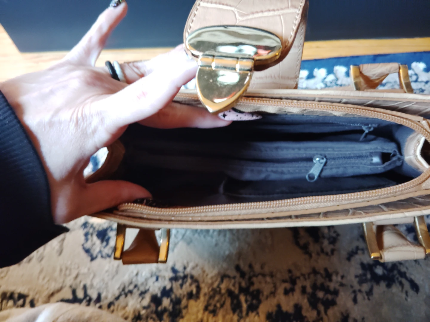 Tan Faux Croc Handbag with Gold Accents - photo 4