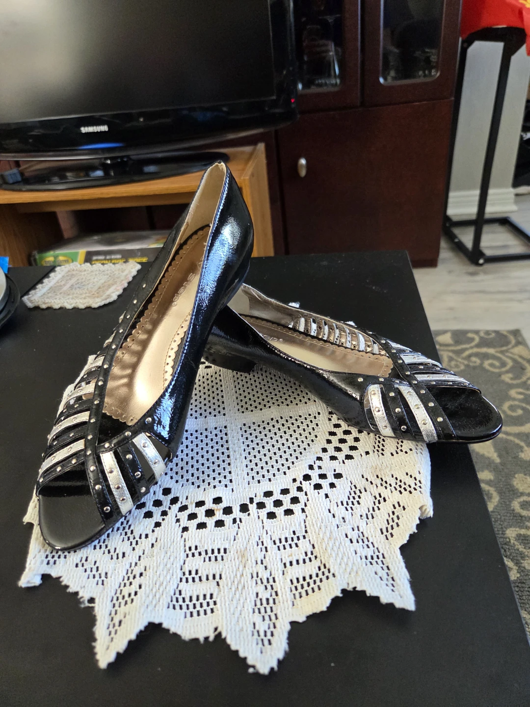 Black Patent Peep Toe Flats with Silver Accents