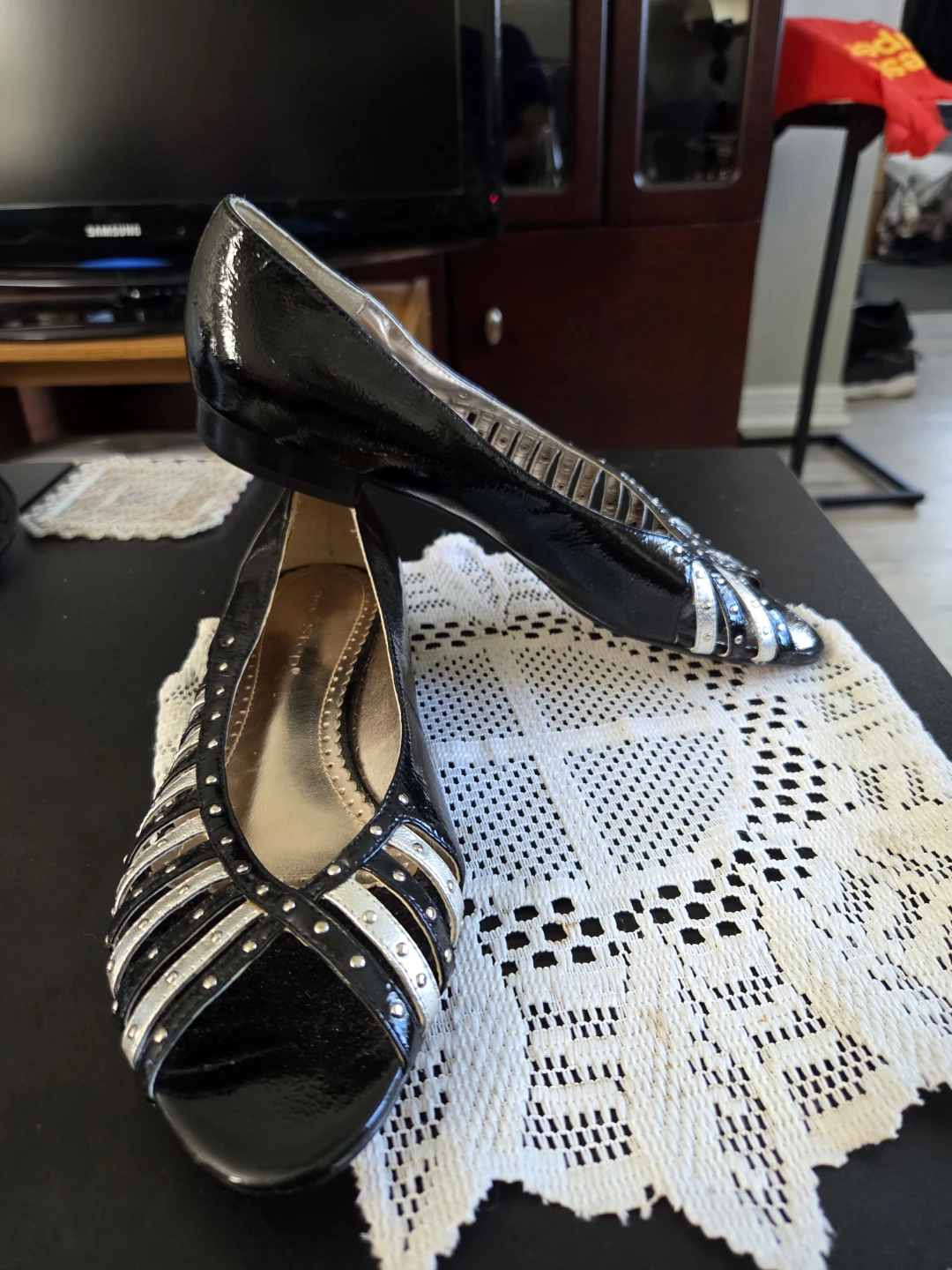 Black Patent Peep Toe Flats with Silver Accents - photo 3