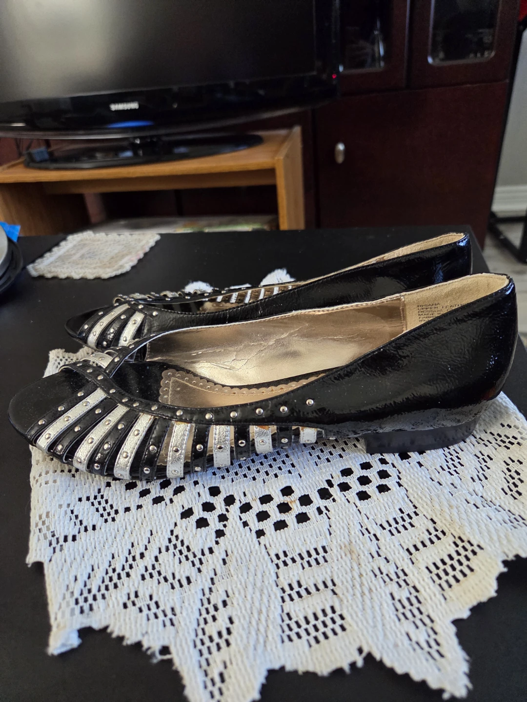 Black Patent Peep Toe Flats with Silver Accents - photo 5