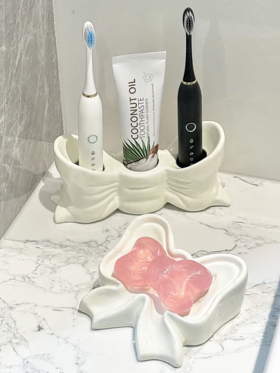 White Ceramic Bow Toothbrush Holder with Soap Dish