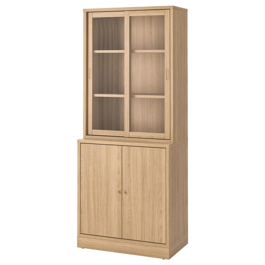 Oak Finish Display Cabinet with Glass Doors and Lower Cabinet