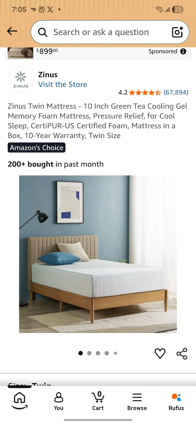 Zinus Twin 10 Inch Mattress Memory Foam
