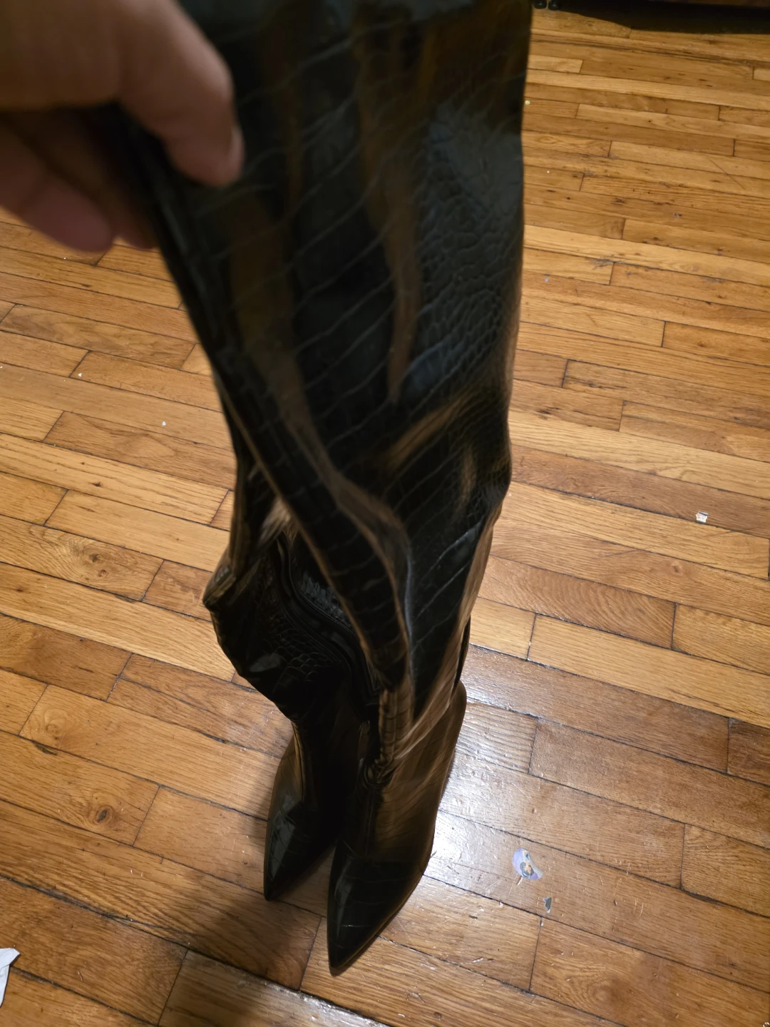 Black Knee-High Croc Embossed Boots
