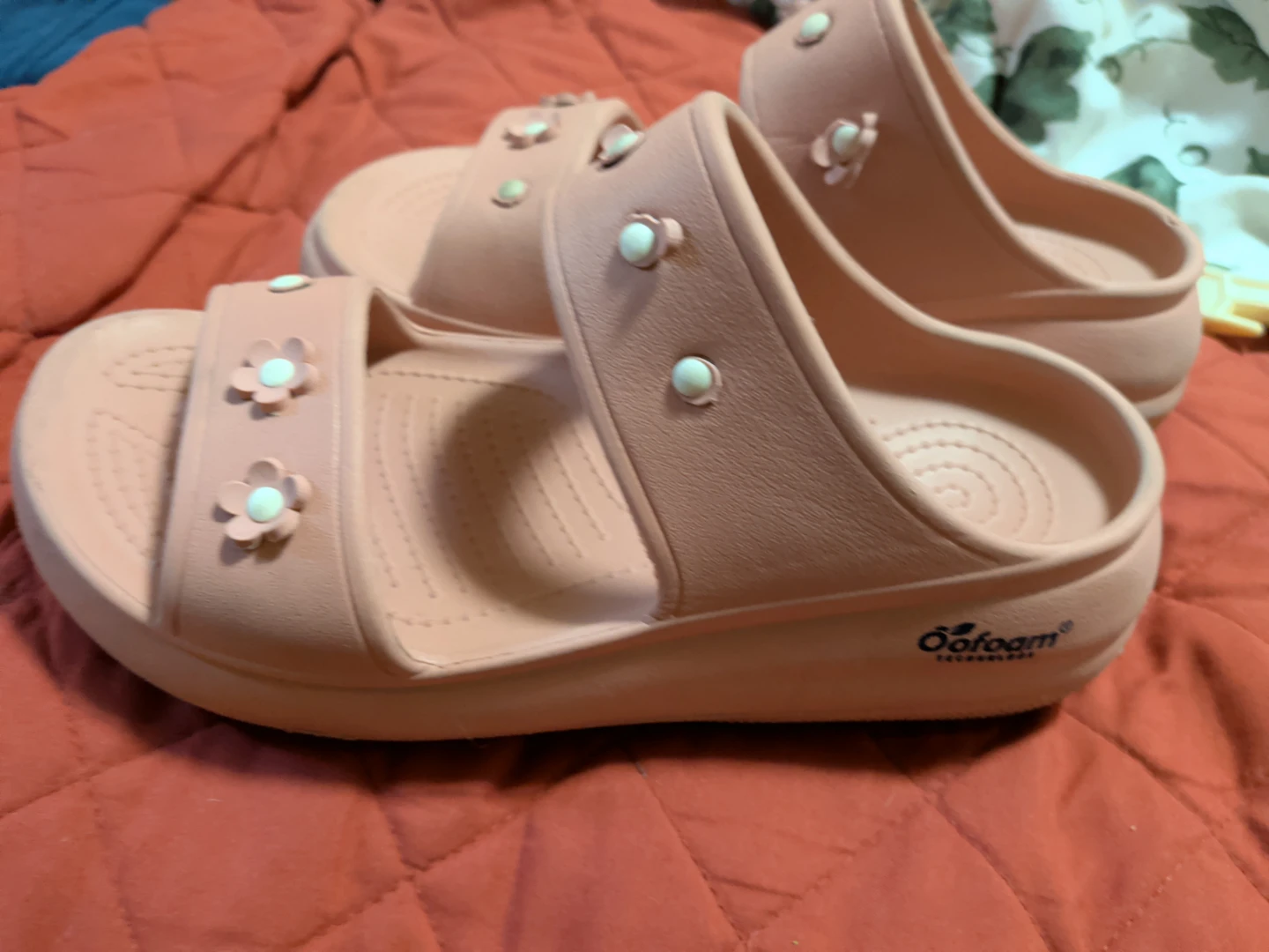 Oofos Pink Slides with Flower Embellishments - photo 3
