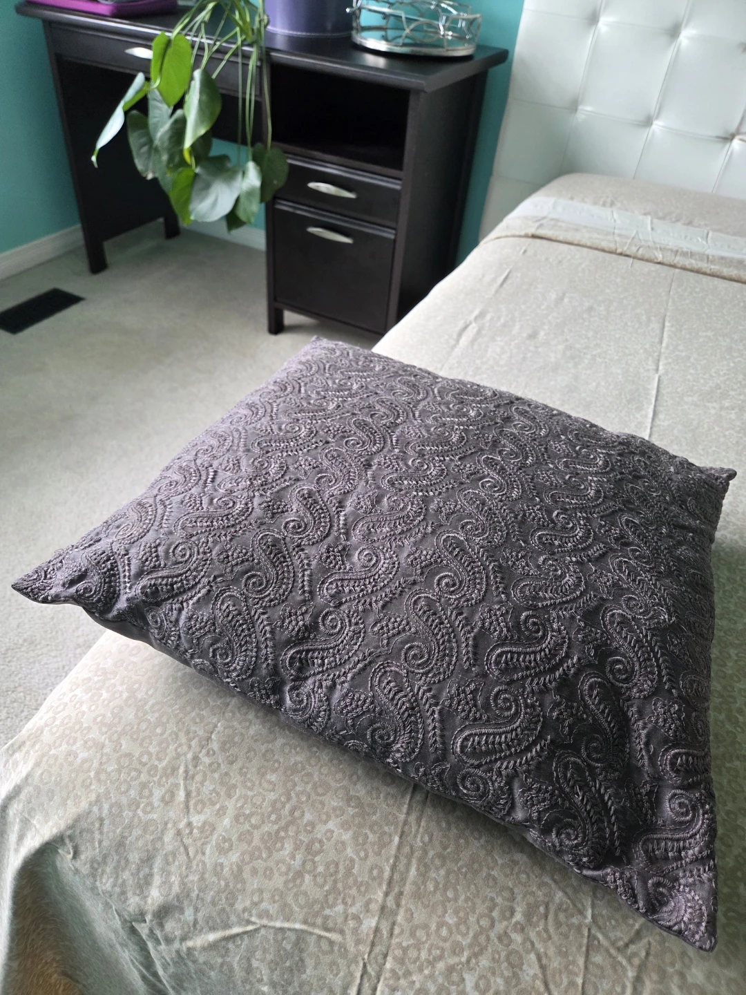 Grey Embroidered Square Throw Pillow
