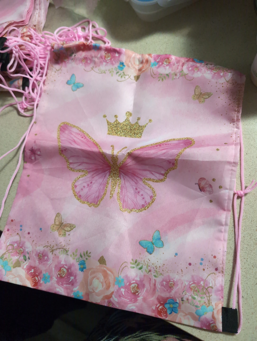 Pink Butterfly Drawstring Bag