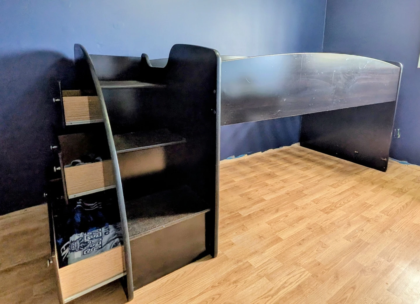 Dark Brown Loft Bed with Trundle, Stairs and Drawers