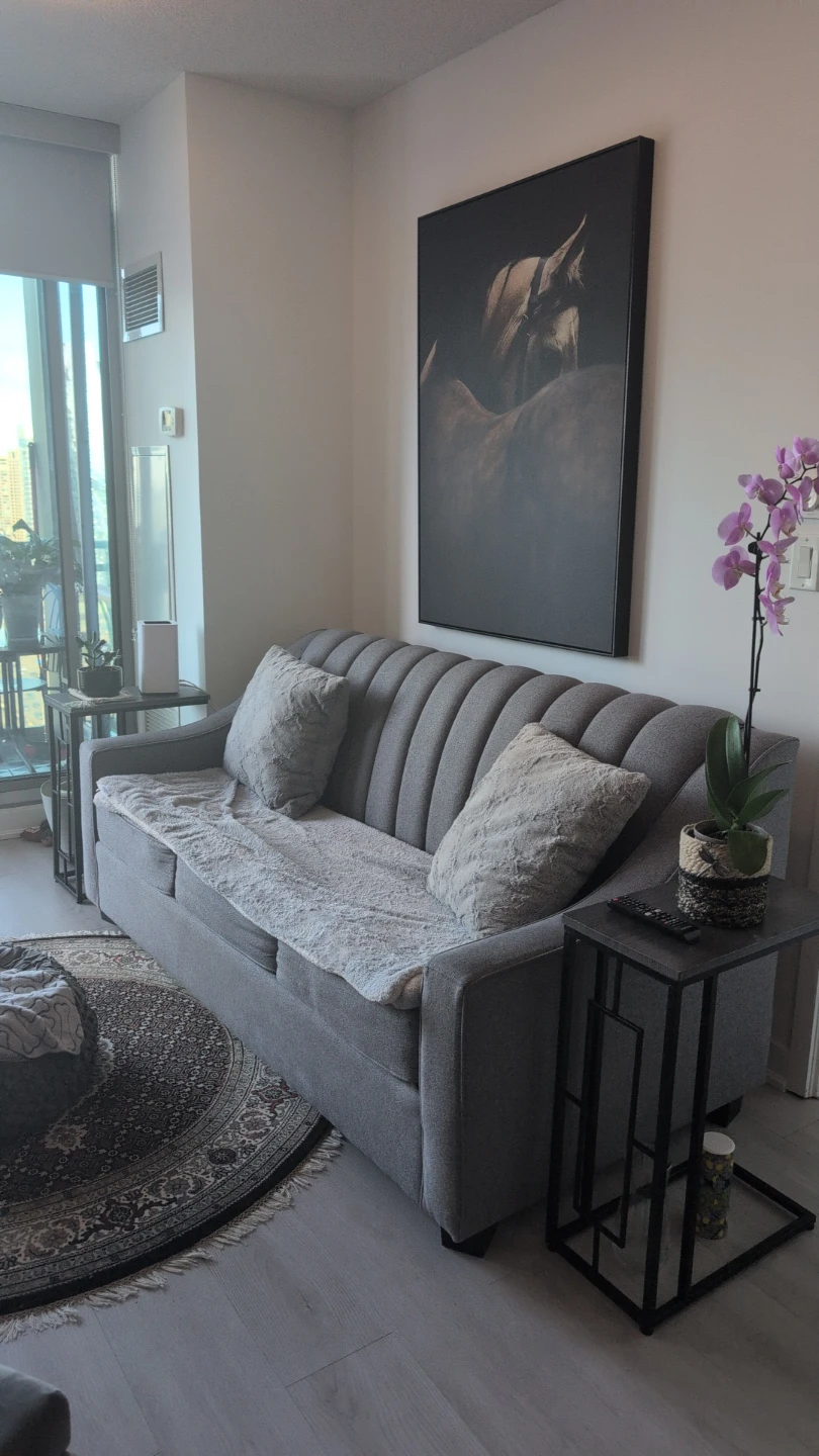 Grey Tufted Sofa with Accent Pillows