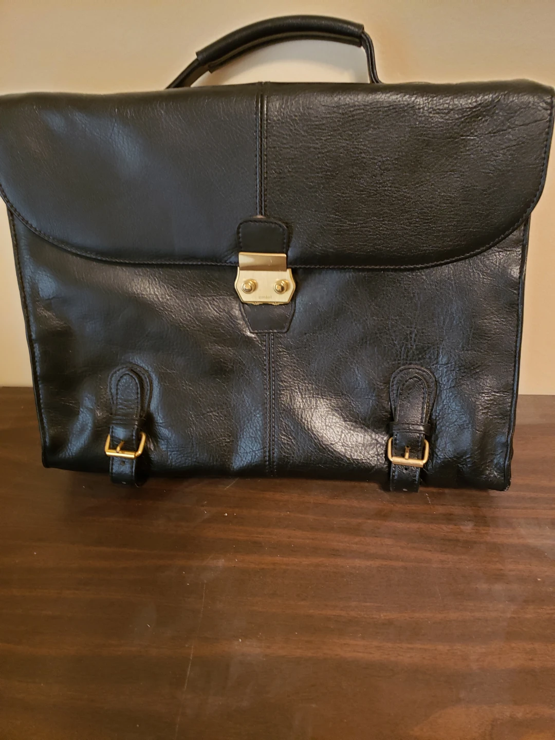 Black Leather Briefcase with Gold Buckle