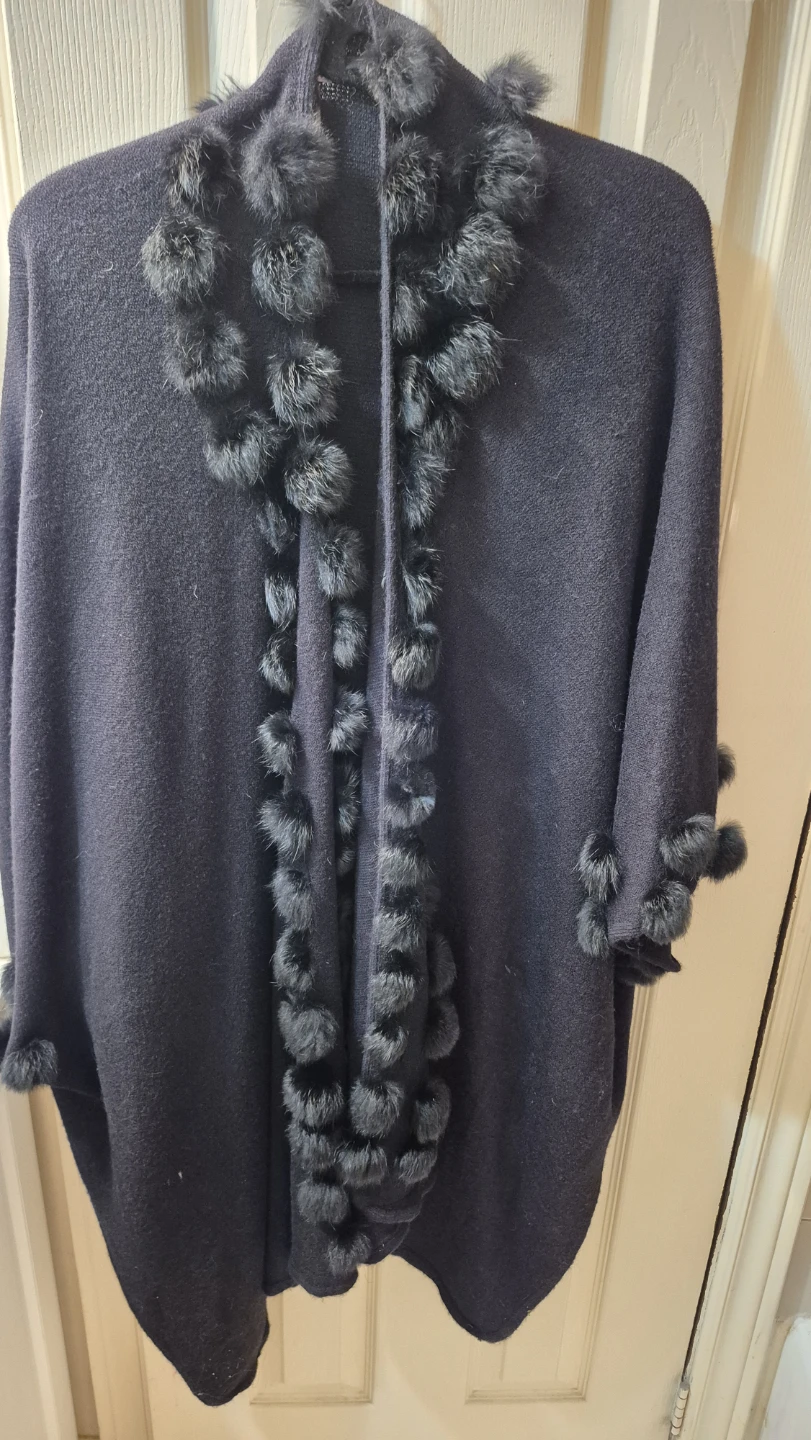 Laura Canada Women's Black Acrylic Poncho with Fur Trim