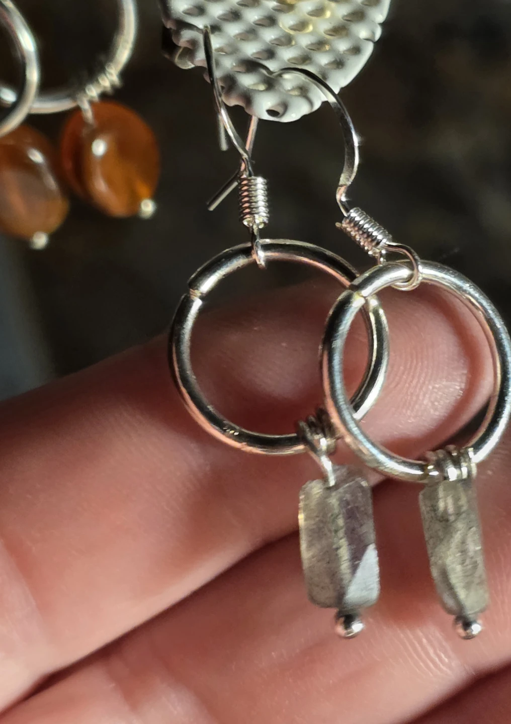 Silver Hoop Earrings with Labradorite Gemstones